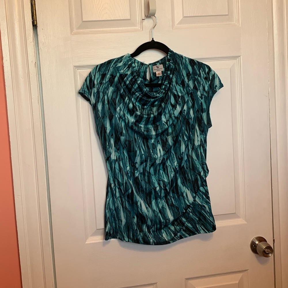 Cowl Neck Short Sleeve Top in Teal Abstract Print